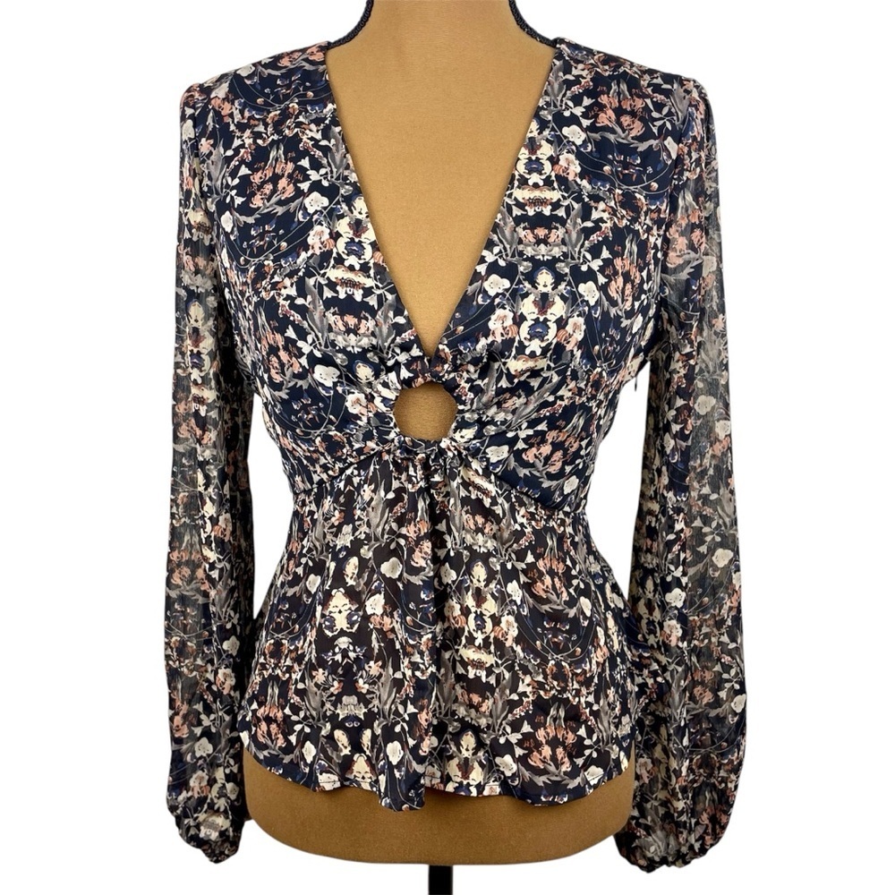 SAGE The Label Low Cut O-Ring Long Sleeved Semi-Sheer Floral Blouse Black Size S